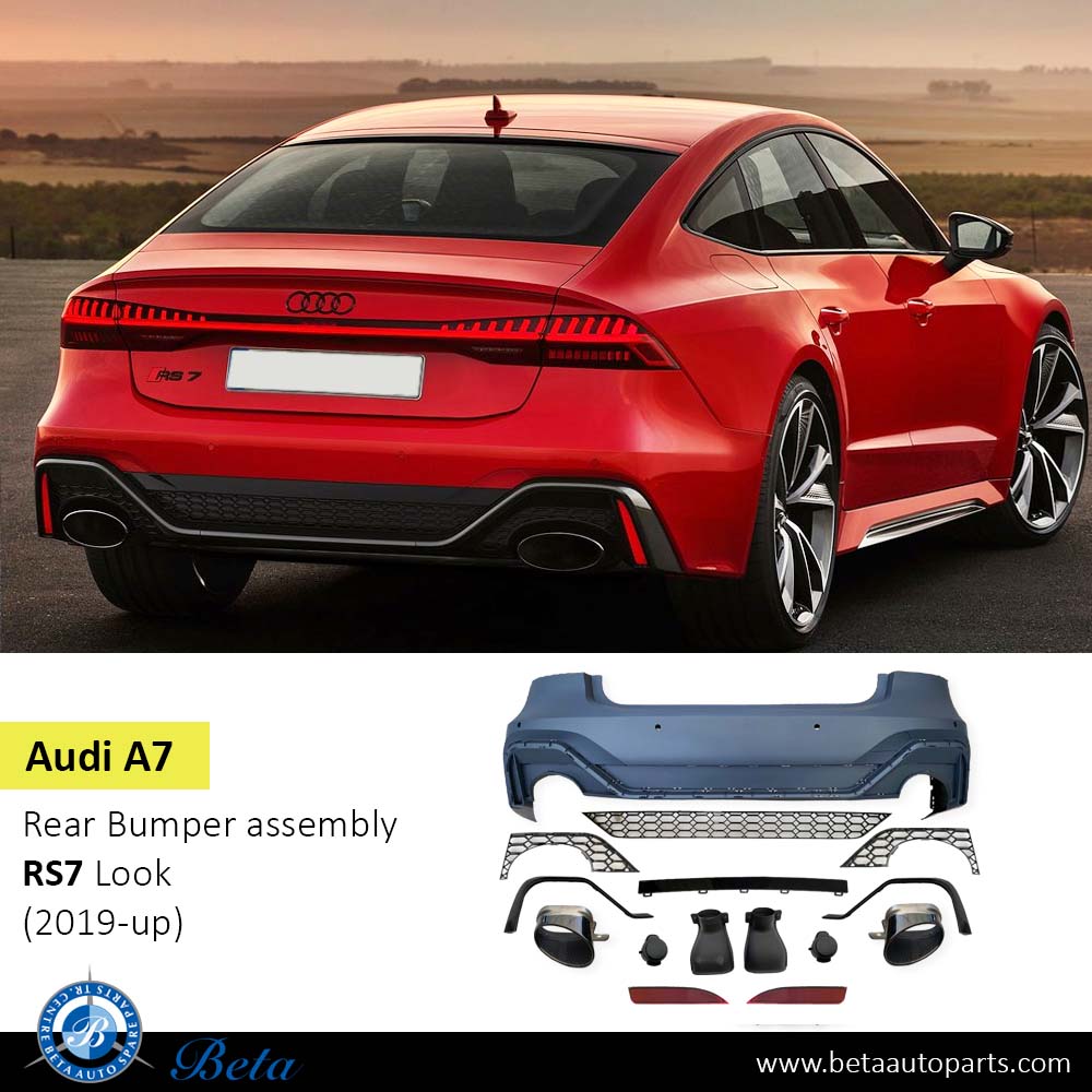 Audi A7 (2019-Up), Rear Bumper RS7 Look with PDC with Exhaust Tips, China, 4K8807067F Audi A7 (2019-Up), Rear Bumper RS7 Look with PDC with Exhaust Tips, China, 4K8807067F